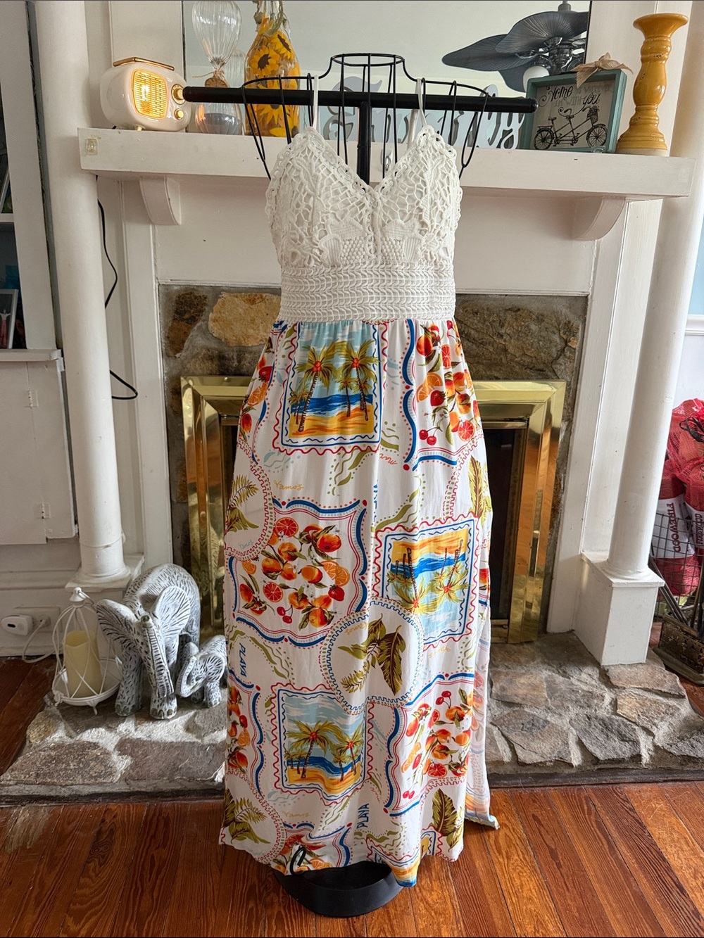 Derek Heart White Bodice Dress with Multicolor Tropical Skirt